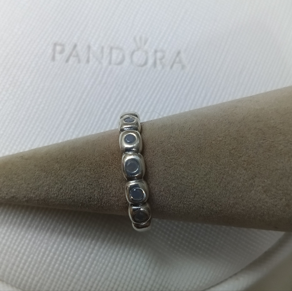 Pandora Stirling Silver Beaded Band Ring with Grey Moonstone Stones